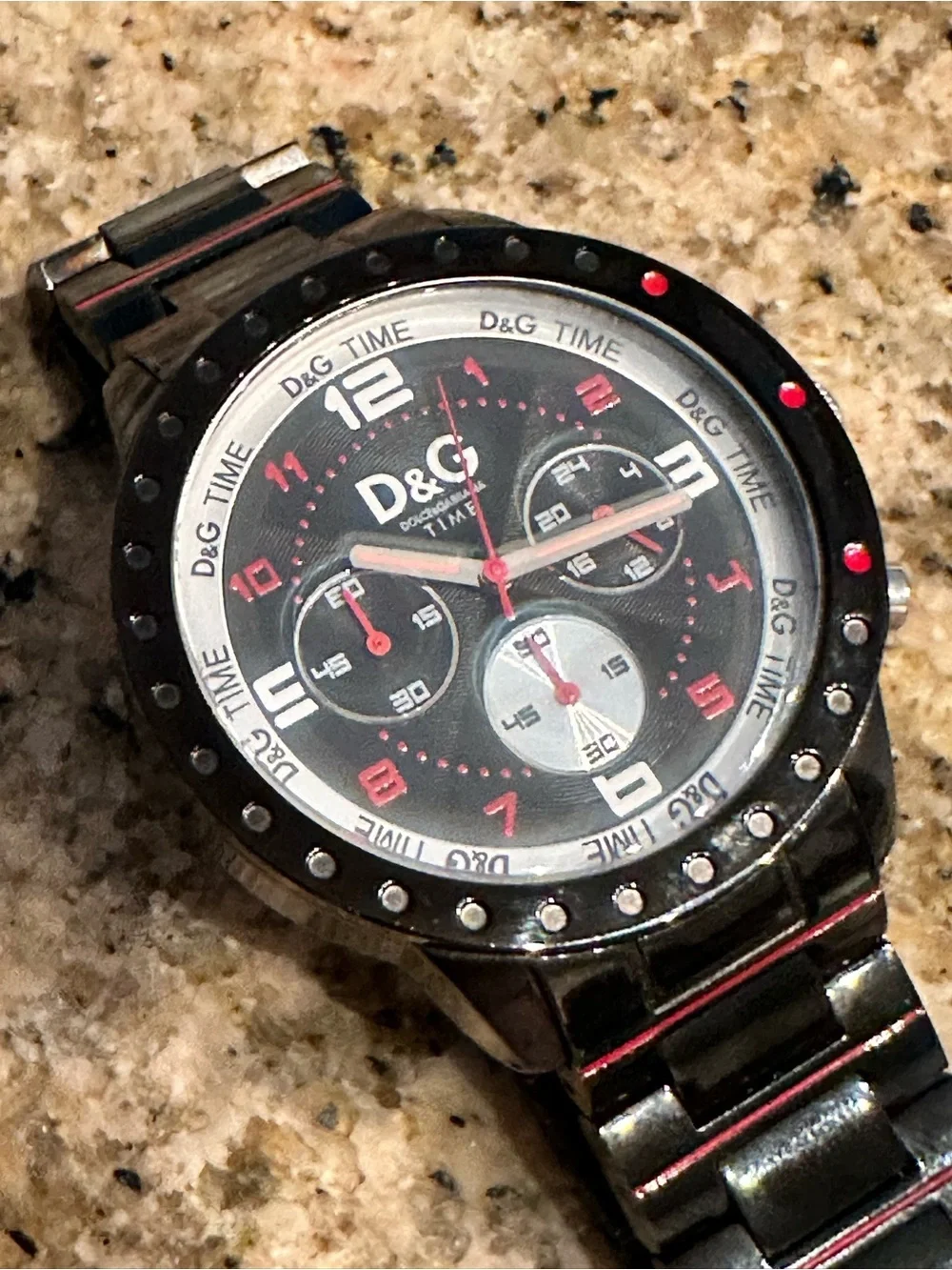 D&G Dolce & Gabbana Time Chronograph Watch Black Red Stainless Steel